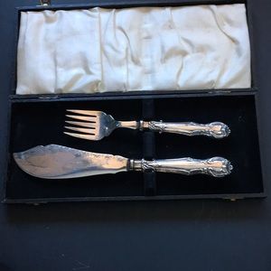 Antique fish carving silver plated set, probably English,